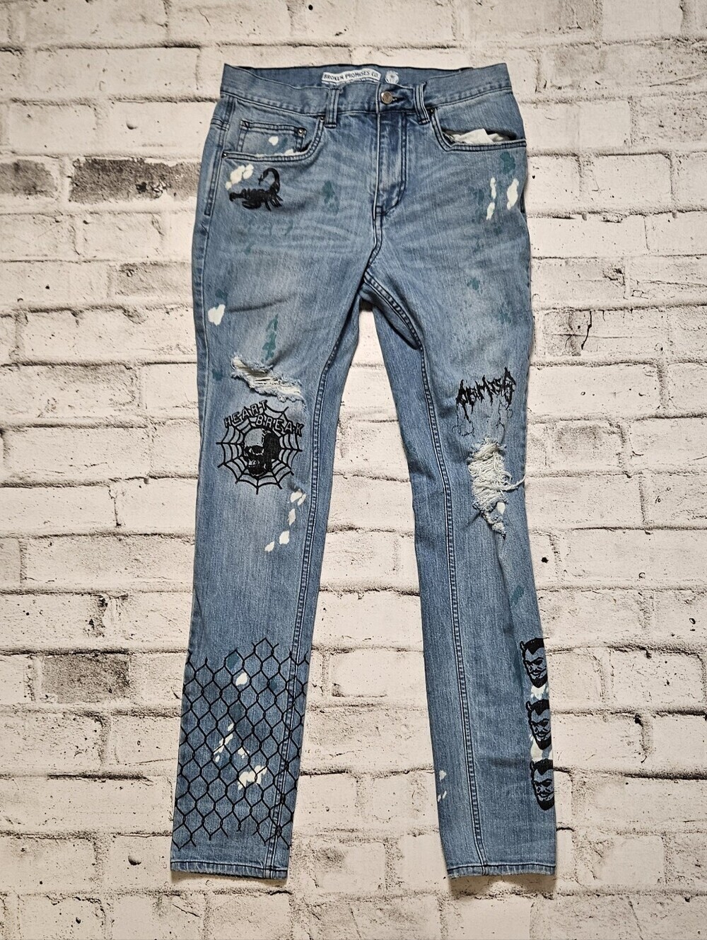 Broken Promises Graphic Distressed Skinny Jeans Goth Punk Streetwear 32